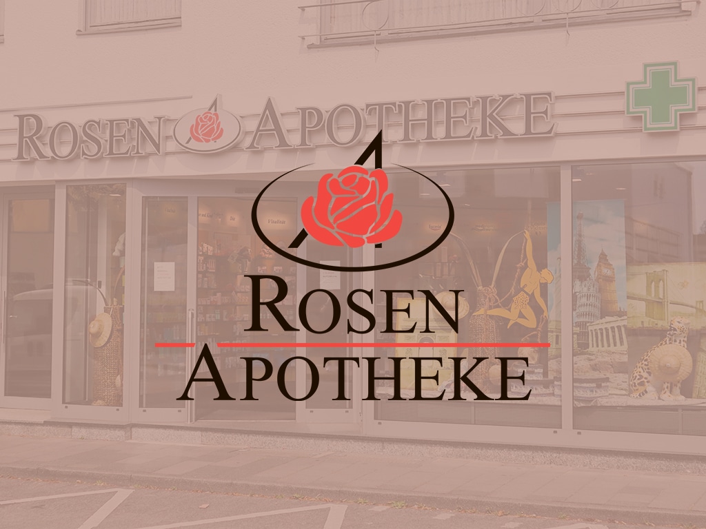 Logo der Rosen Apotheke in Niederdollendorf mit der Apotheke im Hintergrund