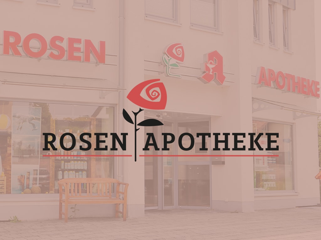 Logo der Rosen Apotheke in Vettelschoß mit der Apotheke im Hintergrund